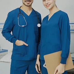 S-3XL 3Colors Unisex V Neck Short Sleeve Pockets Tops Long Pants Nurse Doctor Overalls Soft Casual Solid Clothes Sets