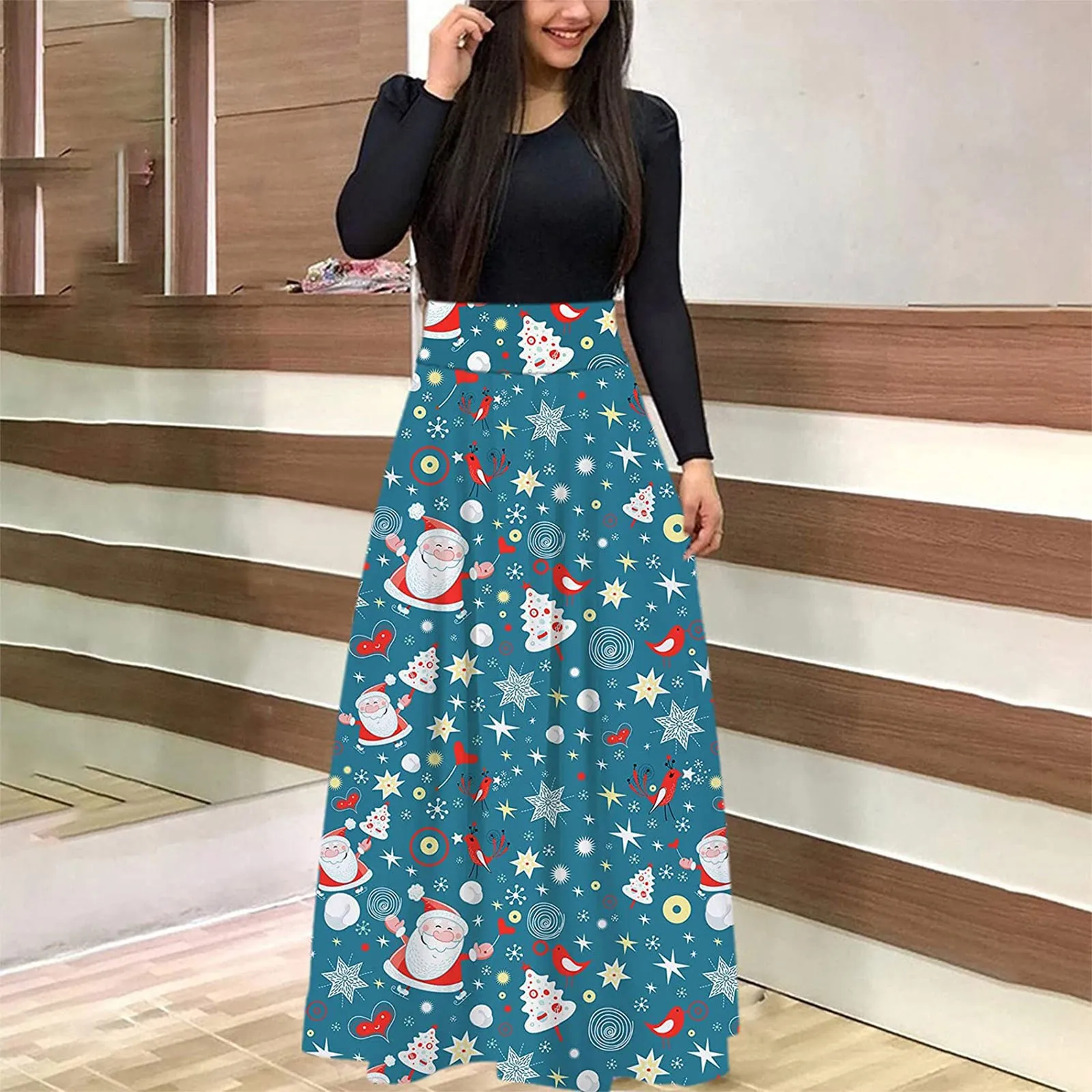 2021 Christmas Print Women Spliced Dresses Long Sleeve High Waist Maxi Dresses Loose Wedding Holiday Party Robe Vestido Femme 1