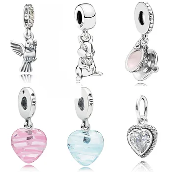 

NEW 100% 925 Silver Jewelry Shiny Love Pendant Charming Cup Shake Blue Pink Ribbon Heart Pendant For Original Bracelet
