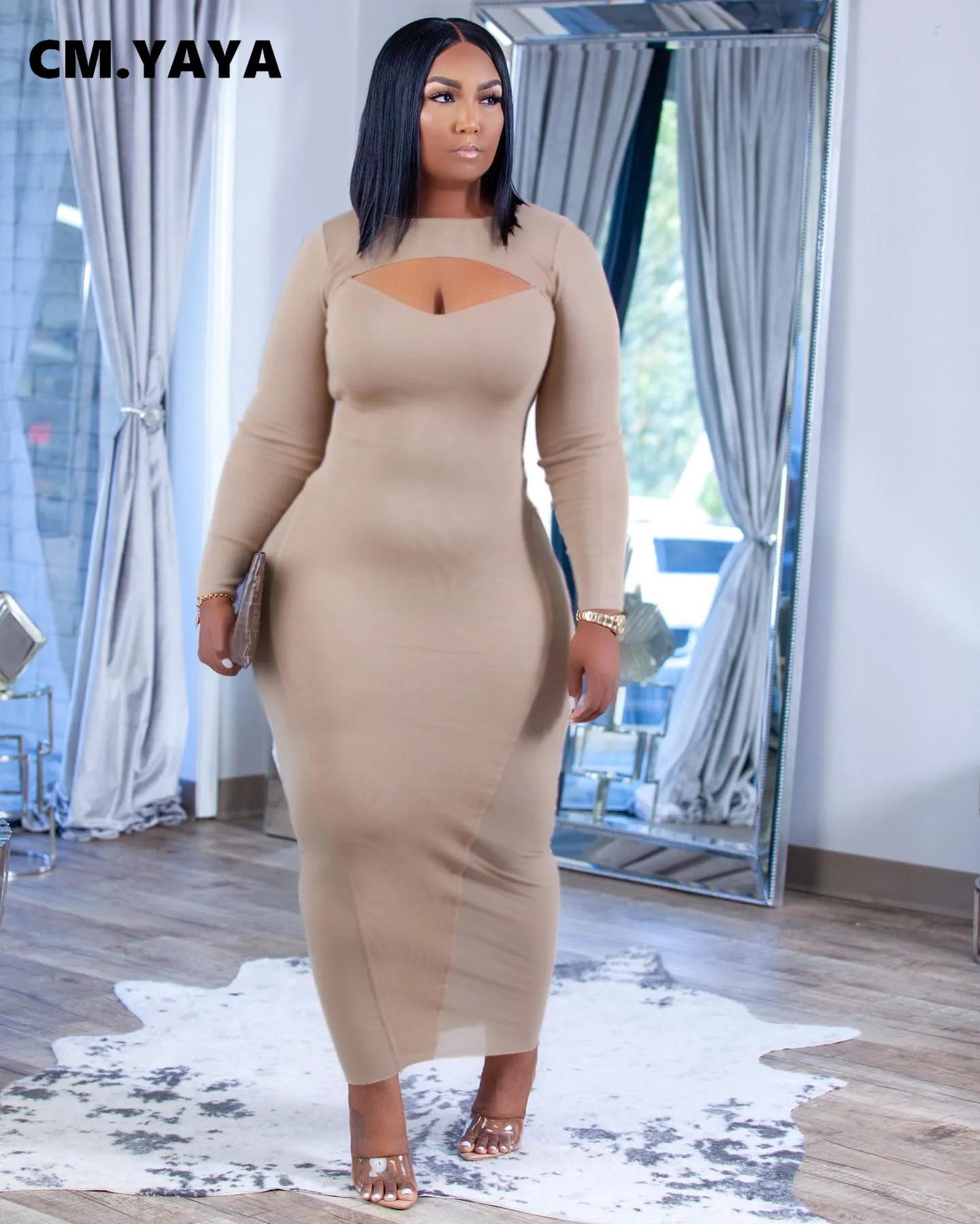 Women Long Dress Mesh Patchwork Hollow Out Stretchy