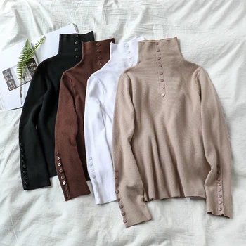 

Women Turtleneck Sweaters Autumn New Solid Long-sleeved High-collar Wind Knitting Button 2019 Knit Sweater Women