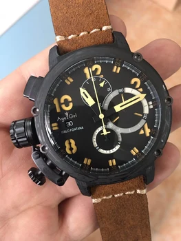 

New Automatic Mechanical Men's U CHRONOMETER U1001 Watch U-51 Chimera Silver Aged Brown Cow Leather Boat Watch Black Gold yellow