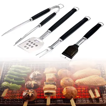 

4 Pcs Barbecue Tools Stainless Steel Locking Tongs Shovel Fork Cleaning Brush Grill Accessories BBQ Supplies Gift for Family