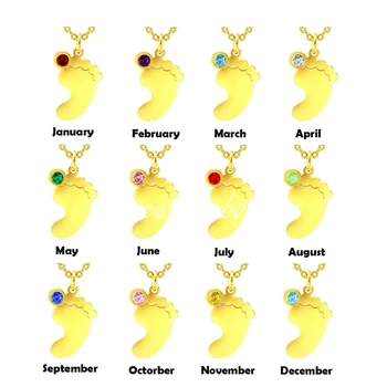 

Personalized Birthstone Gold Tone Name Text Engraving Stainless Steel Baby Foot Charm Pendant Necklace