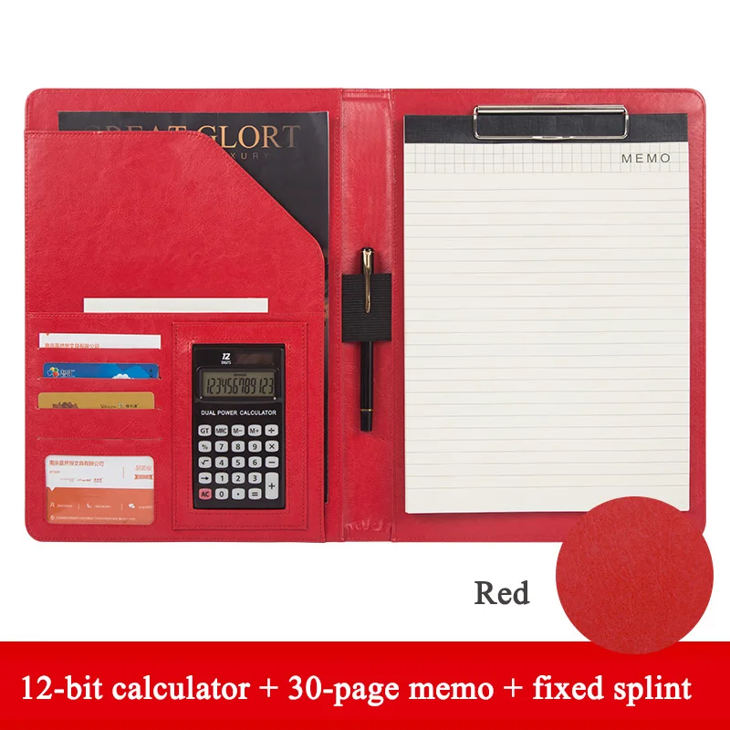 Red with memo A4 PU блокнот файл Материал менеджер escolar Document клип Папка Бизнес офис портфель сумка калькулятор пластина зажим карты ручка - Цвет: Red with memo