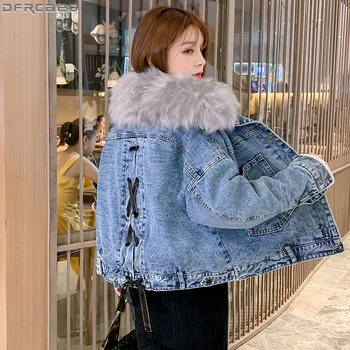 

2019 Winter Women Denim Jacket Faux Fur Collar Chic Ladies Coats Big Pocket Plus Velvet Jeans Jacket Lace Up Bow Loose Outerwear