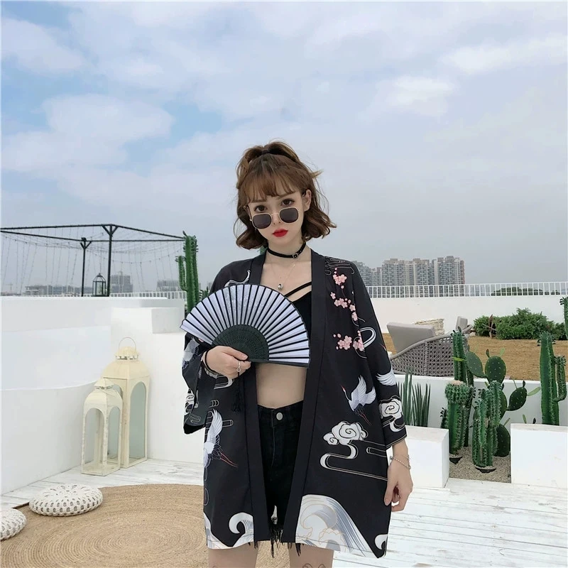 New Japanese Yukata Kimono Haori Female Red-Crowned Crane Traditional Japanese Kimonos Kimono Cardigan Haori Yukata FF2581