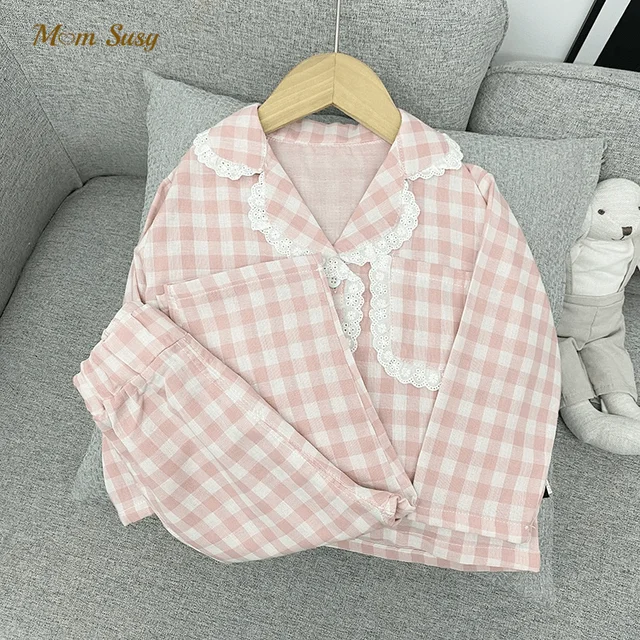 Baby Girl Plaid Pajamas Clothes Set Cotton Coat+Pant 2PCS Spring Autumn Infant Toddler Child Lounge Suit Baby Home Suit 1-10Y