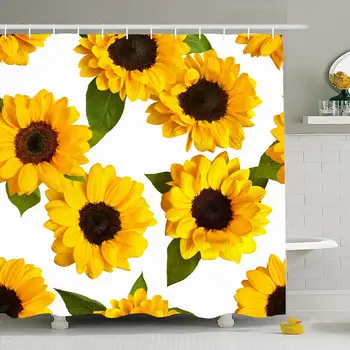 

Shower Curtain Set with Hooks 66x72 Above Pattern On Repeat Yellow Eco Autumn Foliage Sunflowers Nature Seamless Crop Textures