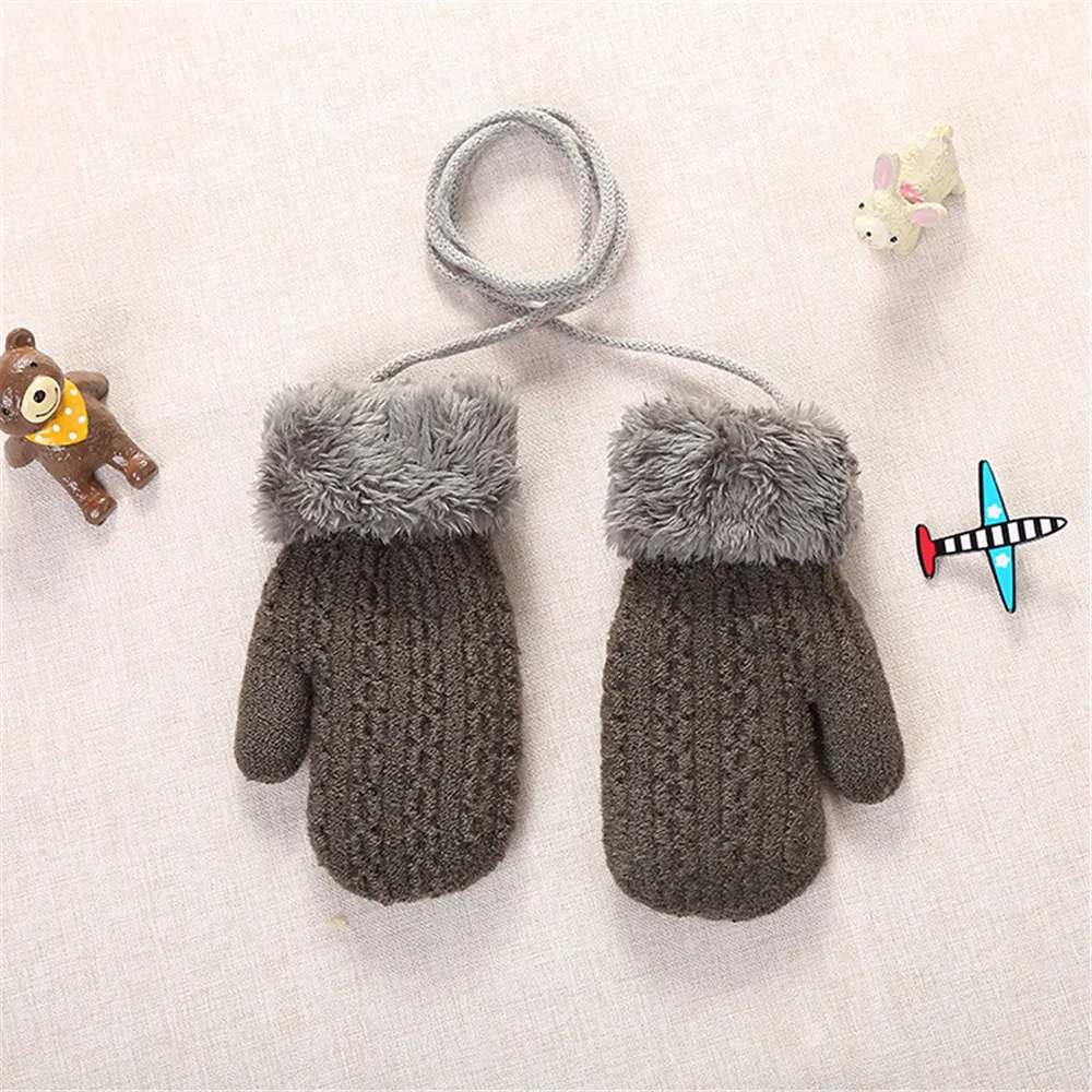 1Pair New Winter Boys Girls Cute Knitted Gloves Warm Rope Full Finger Mittens Gloves for Children Toddler Kids Gloves - Цвет: dark grey