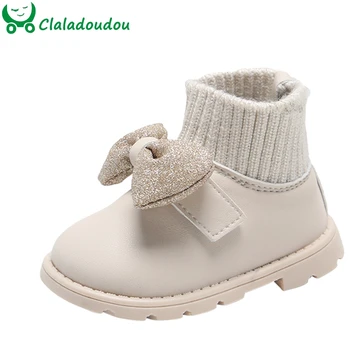

11.5-15.5cm Baby Girls Fashion Boots With Thin Velvet Toddler Girl Bowtie Knitting Ankle Boots Infant Princess Party Dress Shoes