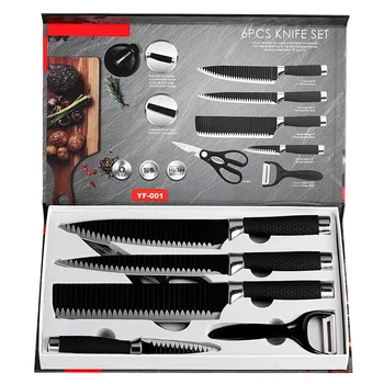 

Black kitchen knife set 6 pcs non stick coating embossing stainless steel sharp scissor peeler chef knives set with gift box