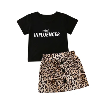 

2020 Summer Toddler Kids Baby Girls Sets Letter Tops Skirt 2Pcs Child Girl Outfits Short Sleeve T shirt Leopard print Skirt 1-6Y