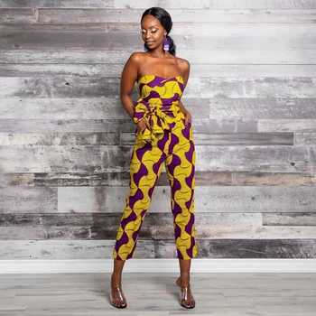 

2020 Summer African Traditional Clothing for Women Fashion Ethnic Pants New Aftican Arrivals Dashiki Print Off Shoulder Jumpsuit