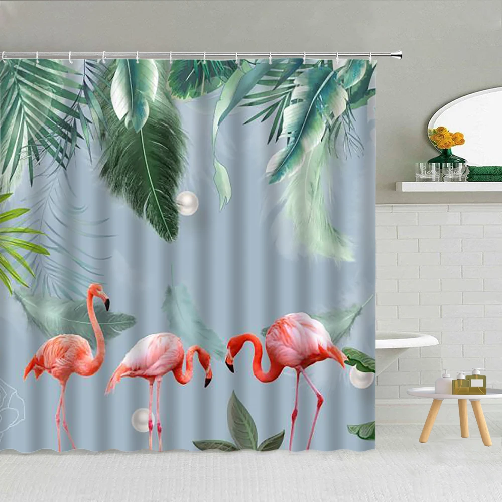 

Elegant Flamingo Tropical Plant Print Shower Curtain Set Bathroom Supplies Fabric High Quality With Hooks Cloth Curtain Decor