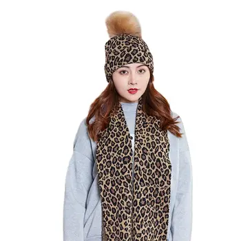 

Women Scarf Hat 2Pcs Set Leopard Print Knitted Cuffed Beanie Cap with Long Wraps new
