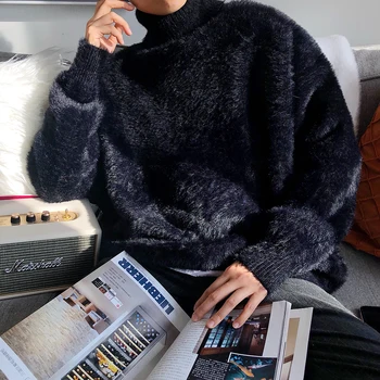 

Chic Mens Soft Mohair Faux Fur High Neck Sweater Casual Loose Pullover Tops Black White Warm Male Sweaters K1
