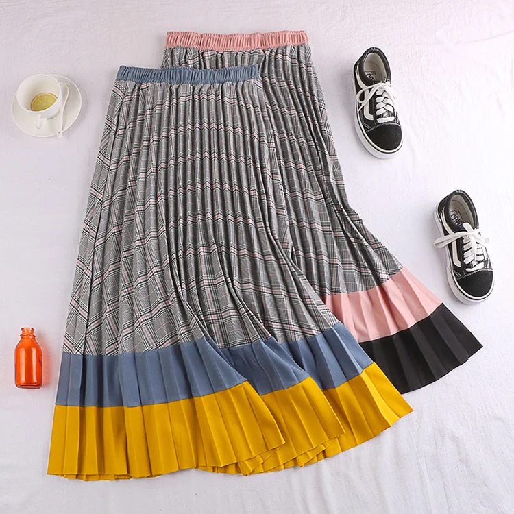 Винтажная эластичная юбка миди с высокой талией, плиссированная клетчатая юбка для женщин, зимние женские цветные юбки saias
