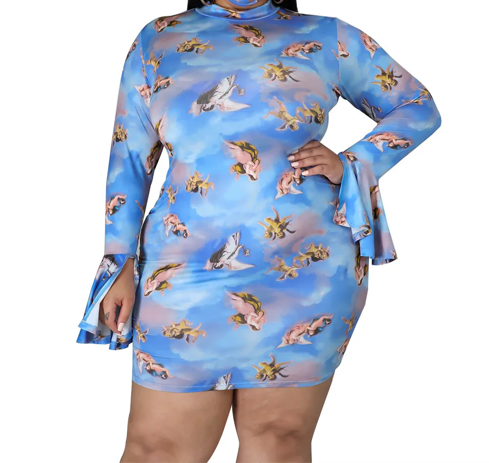 

Spring Fall Dresses For Women Fashion Casual Slim Flare Long Sleeve Mini Hip Pencil Dress Turtleneck Printed Dress Plus Size5XL