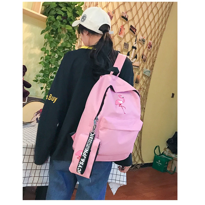 Harajuku Школьная Сумка Женская Корейская версия ulzzang старшеклассников Фламинго печати кампуса колледжа ветер холст рюкзак