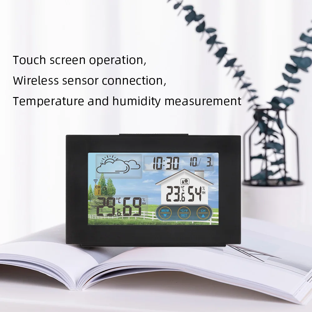 

FanJu Wireless Weather Station Sensor Thermometer Hygrometer Indoor Outdoor Forecast Calendar Alarm Table Clock Touch Screen