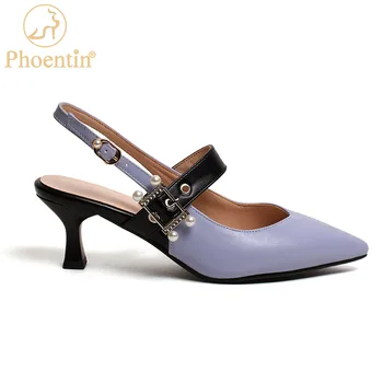 

Phoentin 2020 kitten heels with pearl slingbacks summer shoes women sandals cover toe pointy middle heel blue plus size FT948