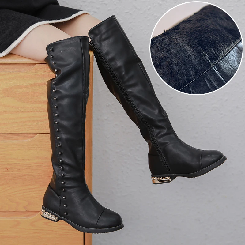 Thin velvet Black Зимняя обувь для девочек; высокие сапоги; бархатная детская обувь; Модные Кожаные Сапоги выше колена для девочек; стразы; сапоги принцессы - Цвет: Thin velvet Black