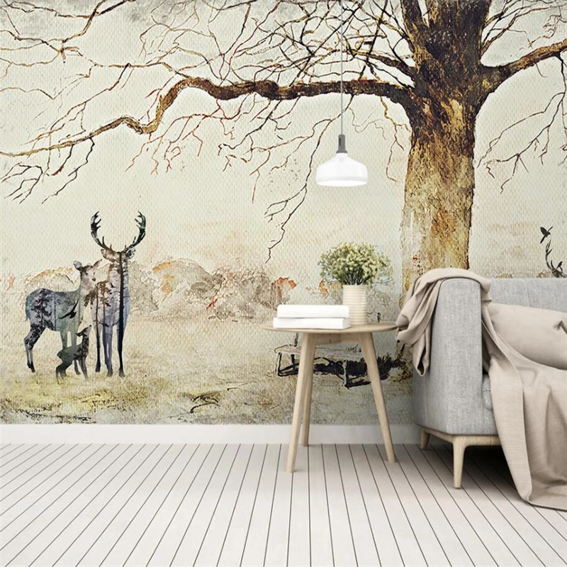 Beibehang-Modern-pastoral-Elk-tree-scenery-TV-background-wall-custom-large-mural-green-wallpaper-papel-de