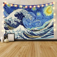 

Laeacco Kanagawa Wave Pattern Printed Wall Hanging Tapestries Retro Japanese Carpets Bohemian Hippie Home Decor