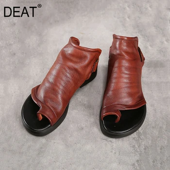 

[DEAT] 2020 New Spring Summer Round Toe Pleated Brush Color Retro Genuine Leather Sandals For Women Shoes Fashion Tide 10G321