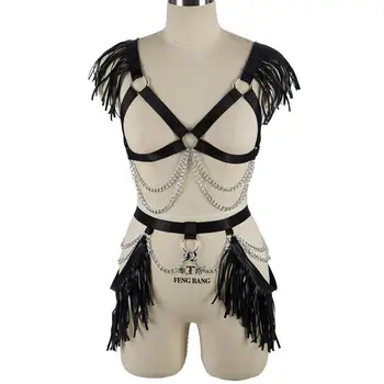 

Tassel Black Harness Bra Chain Cage Top Waist Belt Boho Bondage Body Strappy Adjust Women Fashion Gothic Set Festival Dance Wear