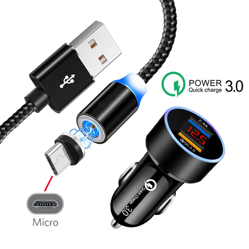 Автомобильное зарядное устройство с двумя usb-портами Магнитный кабель Micro USB для