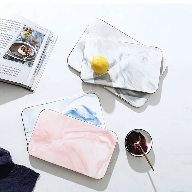 Marble Ceramic Cutting Board with Glod Rim, Kitchen, Sushi, Bread, Cheese Serving Board, Rectangular Plate, Storage Tray