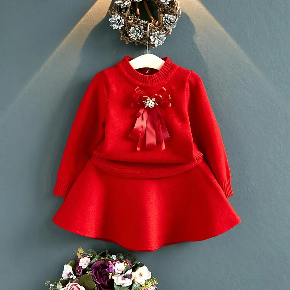 Одежда для маленьких девочек Вязаный Свитер комплект из двух предметов с платьем-свитером с бантом, утепленный комплект с толстовкой в клетку в британском стиле для маленьких девочек