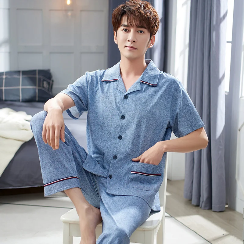 

Short Sleeve Trousers Pajamas Men's Pure Cotton Thin Set Summer Cotton Simple Solid Color Large Size Cardigan Tracksuit Men'S We