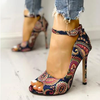 

New Women Pumps Ladies High Heels Woman Pattern Print Thin Heels Female Ankle Buckle Strap Women's Summer Sandals 2020 Plus Size