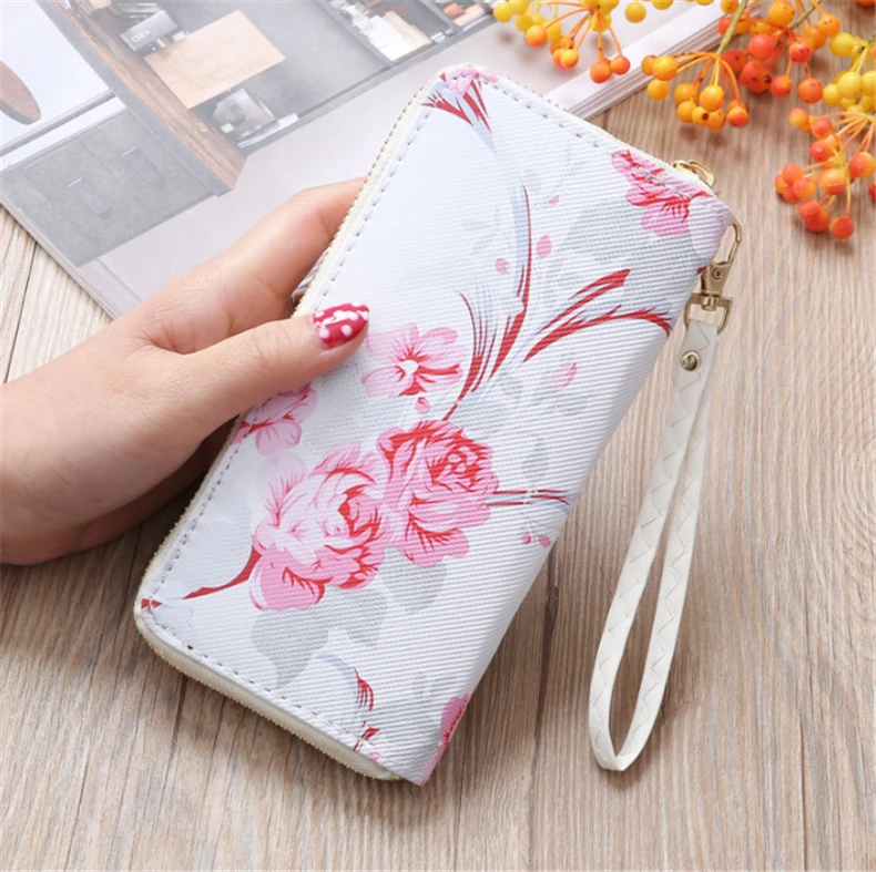 Women's Rose Print Wallet Fashion Wild Double Zipper Clutch Bag Multi-card Wallet Purse