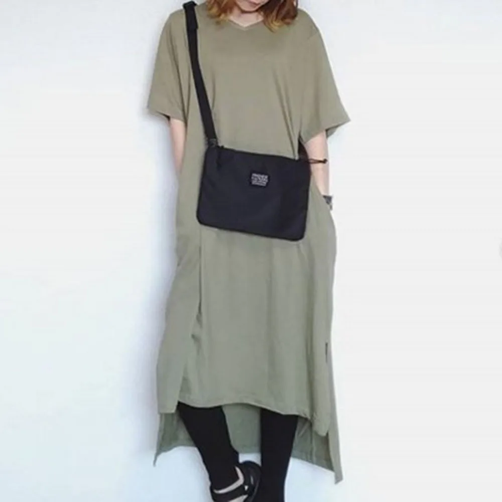 

Plian Shirt Dress Women 2020 Summer Short Sleeve Solid Color Pullover Split Ankle-Length Long Dress Korean Causal Preppy Style