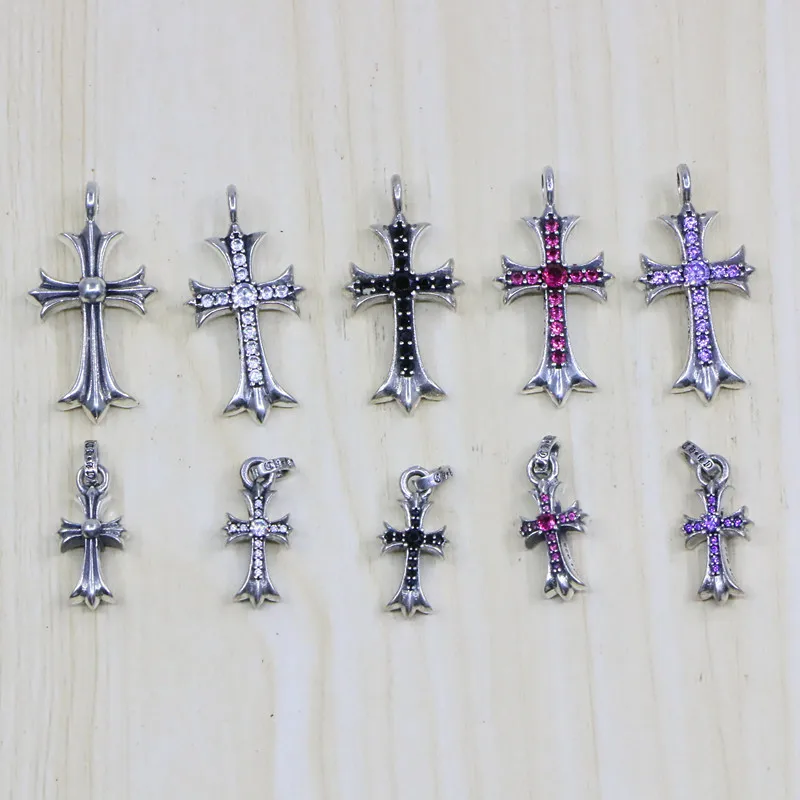 

CH Engraved Thai Silver Cross Fine Silver Couples Retro Necklace with White Crystal Small Pendant Sweater Chain Pendant Anti-All