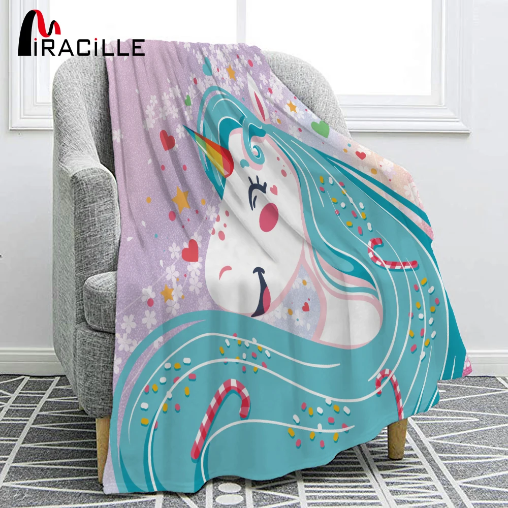 Miracille Unicorn Flannel Blanket Printed Cartoon Cute Fleece