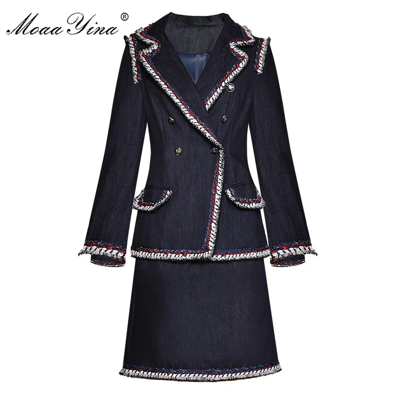 

MoaaYina Fashion Designer Suit Spring Autumn Women Long sleeve Tops+Short skirt Cowboy Two-piece set