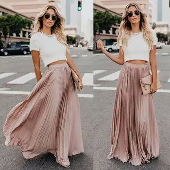 

Fashion Women's Summer High Waist Chiffon Skater Boho Double Layer Maxi Skirts Flared Pleated Long Casual A-line Swing Dress