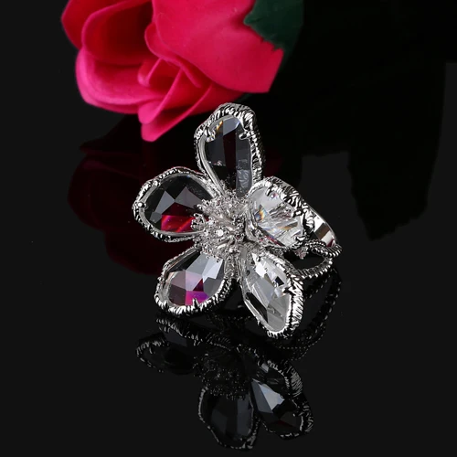 Цветочное кольцо, большие кольца для женщин, обручальное, свадебное, коктейльное, модное, серебряное, розовое золото, Anillos Cristal Austriaco anillos de plata - Цвет основного камня: White crystal silver