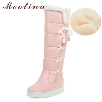 

Meotina Winter Snow Boots Women Cross Tied Height Increasing Heels Knee High Boots Warm Plush Round Toe Shoes Lady Pink Size 43