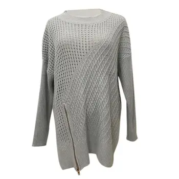 

Fashion Round Neck Long-sleeved Loose Sweater Autumn Winter Women Zipper Hem Knit Sweater