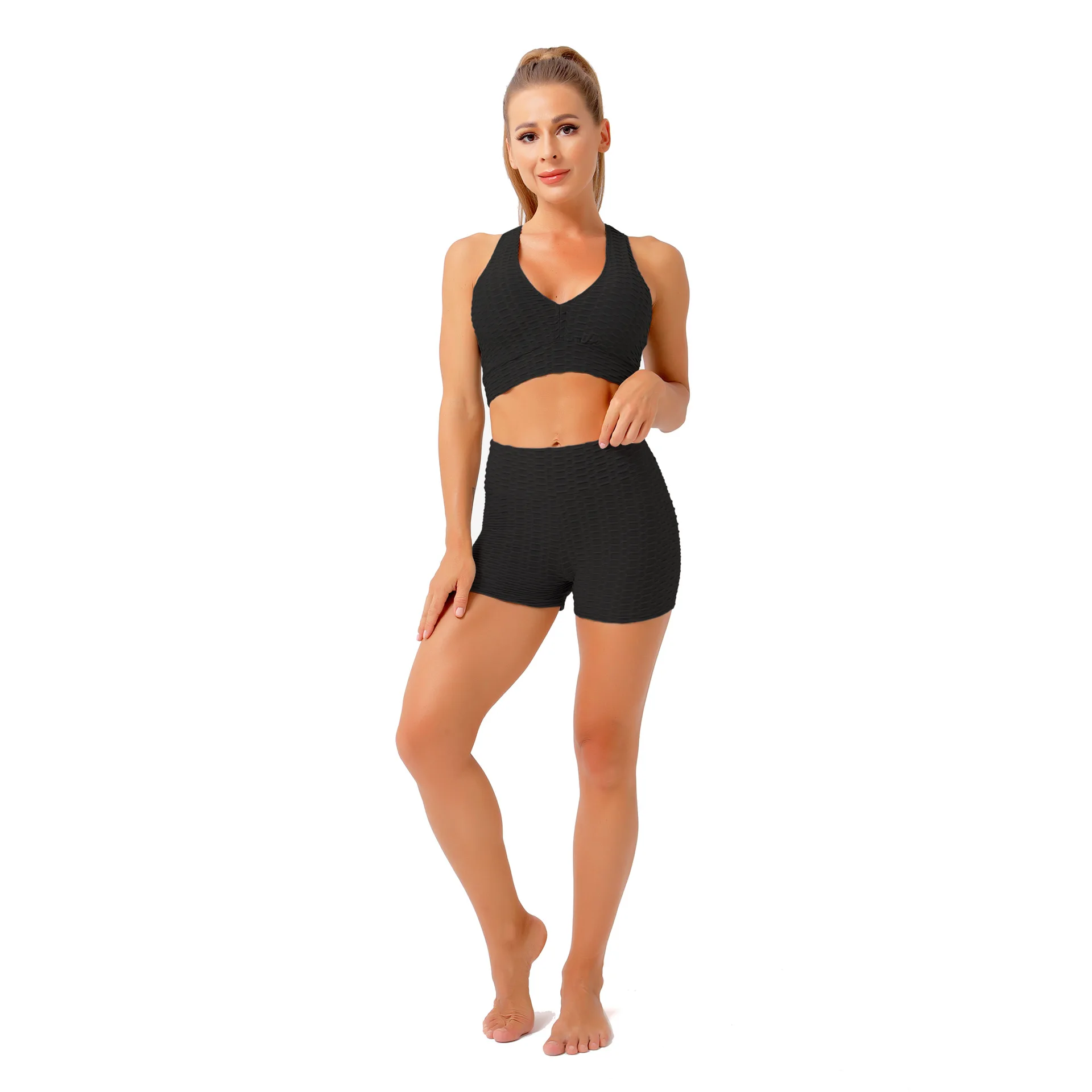 

Summer Short Yoga Set Seamless Running Gym Set Workout Red Push Up Bra Sexy High Waist Shorts