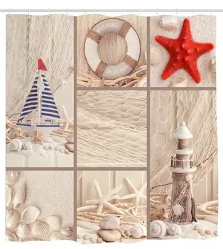 

Nautical Bathroom Shower Curtain Fishing Net Sailboat Lighthouse Starfisn Seashell Shower Curtains Set 12 Hooks Waterproof Bath