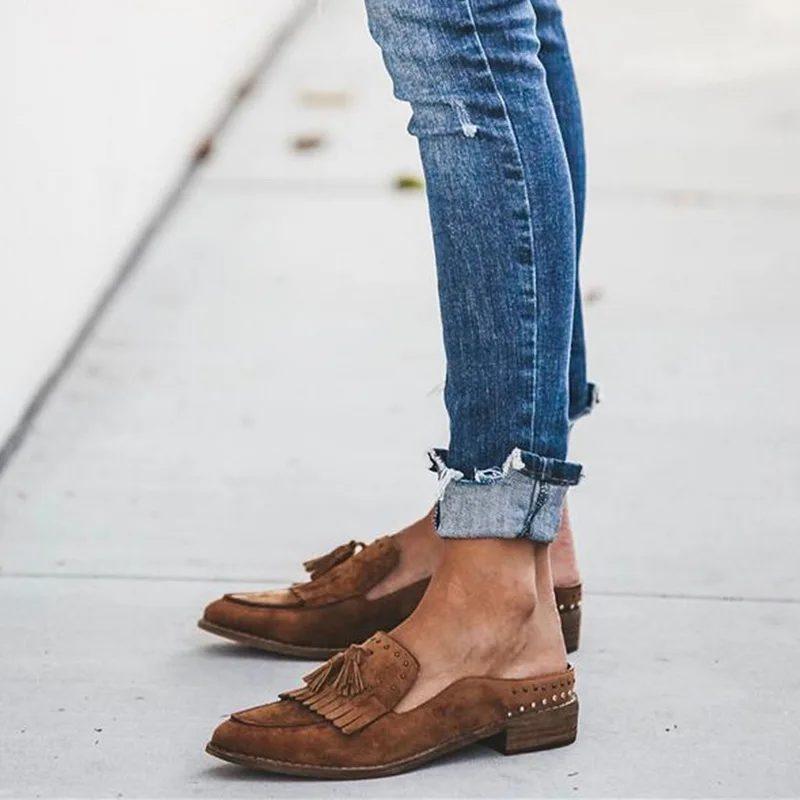 

Women Fashion Pointed Toe PU Leather Flat Slip On Shoes New British Style Tassel Shallow Comfortable Loafers Shoes