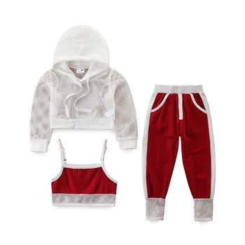 

Spring Summer Fashion Girls Clothing Set Hollow Hoody camisole Sweatpant 3Pc Kids Street Wear