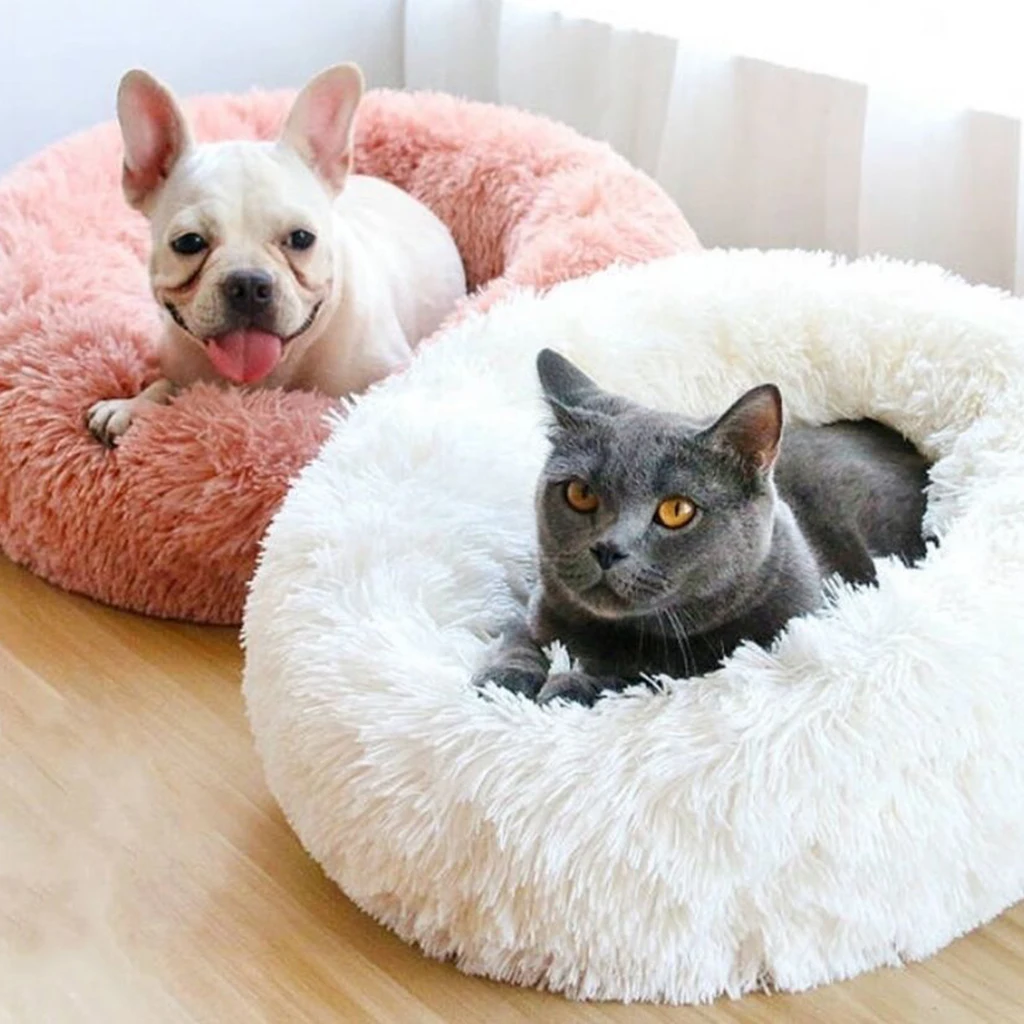 Round Donut Cat and Dog Cushion Bed Self Warming Indoor Round Pillow Cuddler